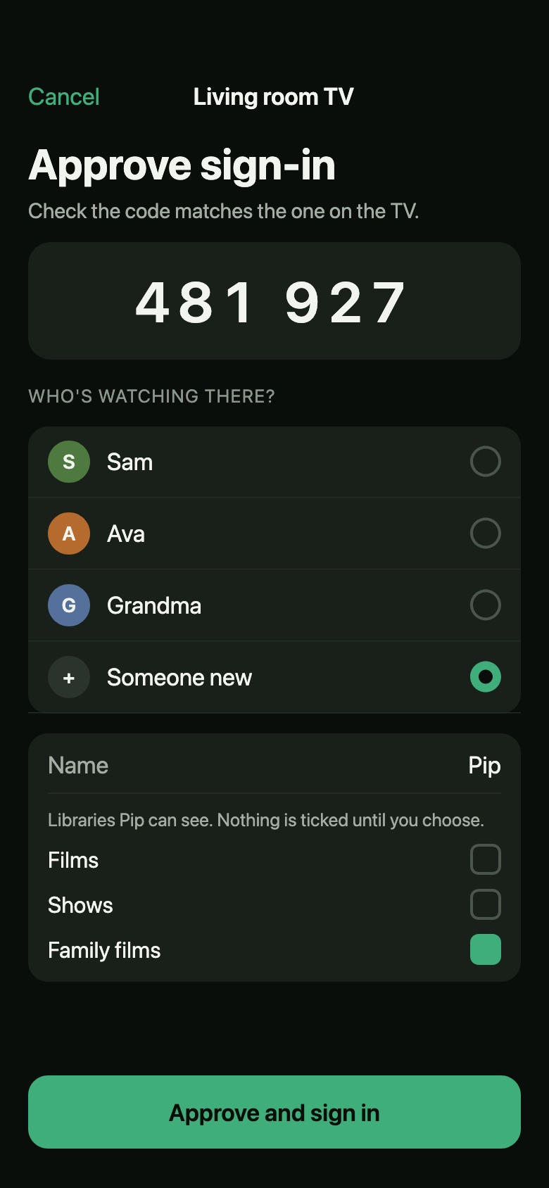 Approving a sign-in on iPhone: the code from the TV, and a new household member with the libraries they can see