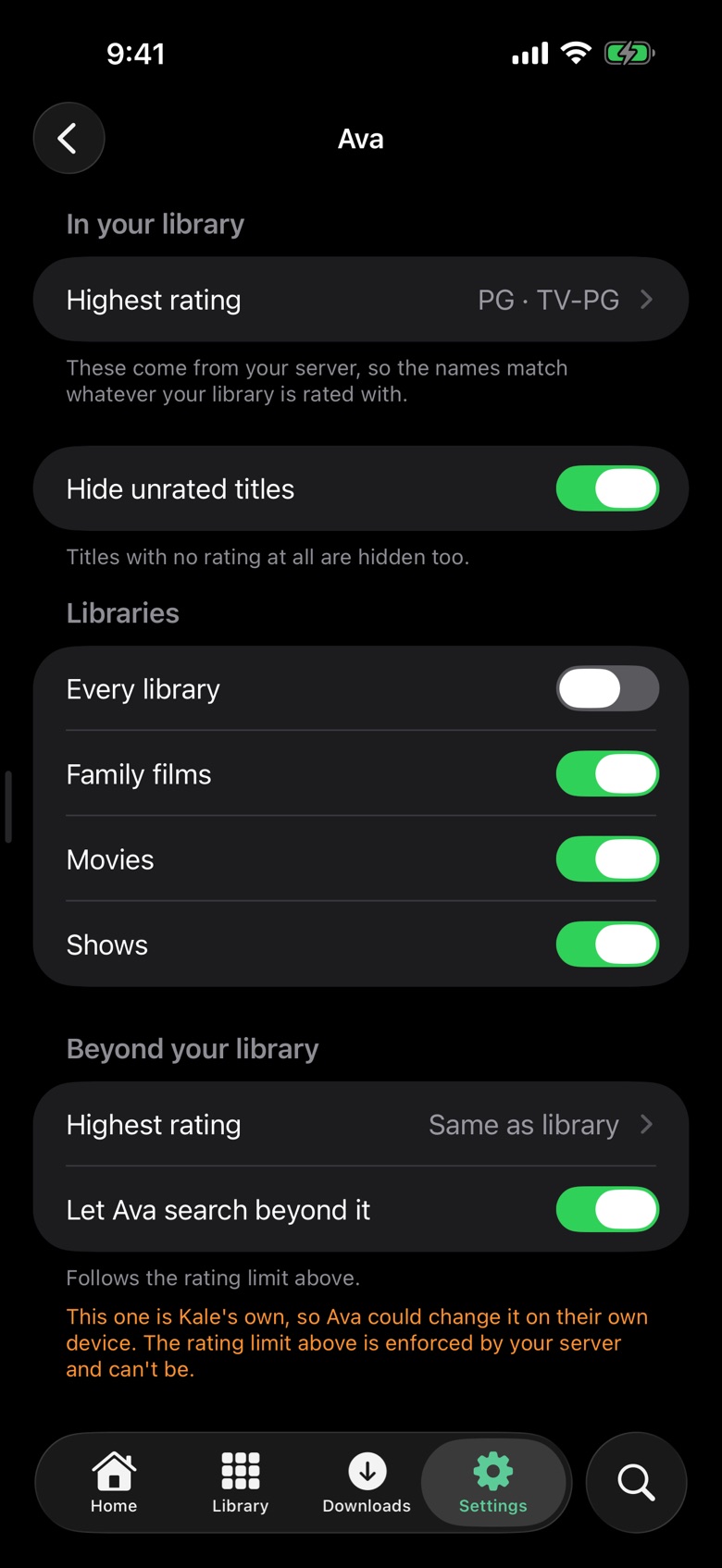 Ava's settings on iPhone: highest rating PG, hide unrated titles, and which libraries she can see