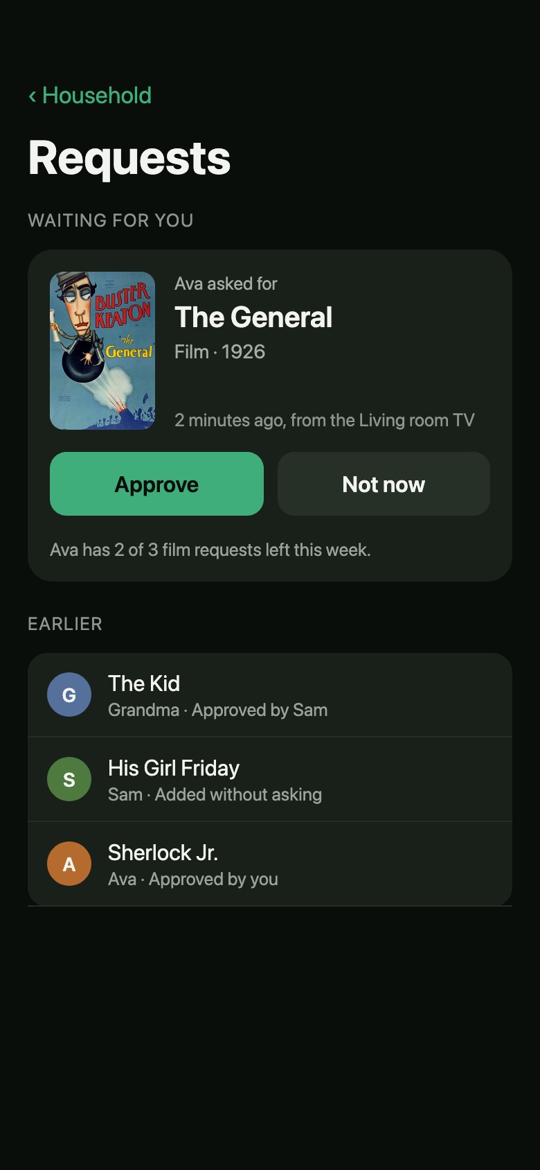 A request waiting on a parent's iPhone, with Approve and Not now