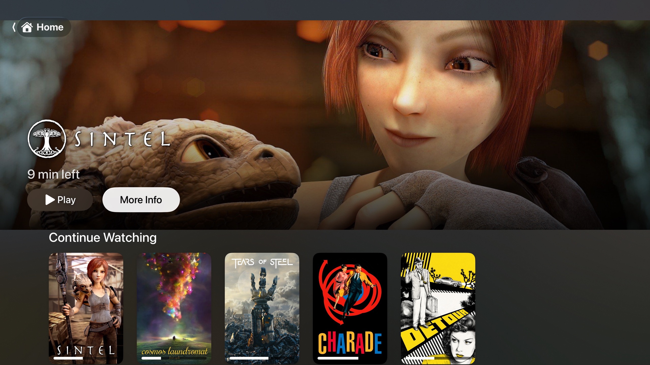 Kale's Home screen on Apple TV: Sintel ready to resume, above a Continue Watching row